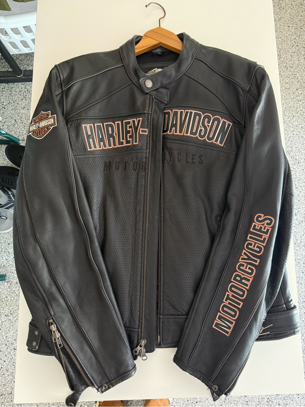 Harley-Davidson Men’s Black Leather Jacket with Orange Trim Size Large
